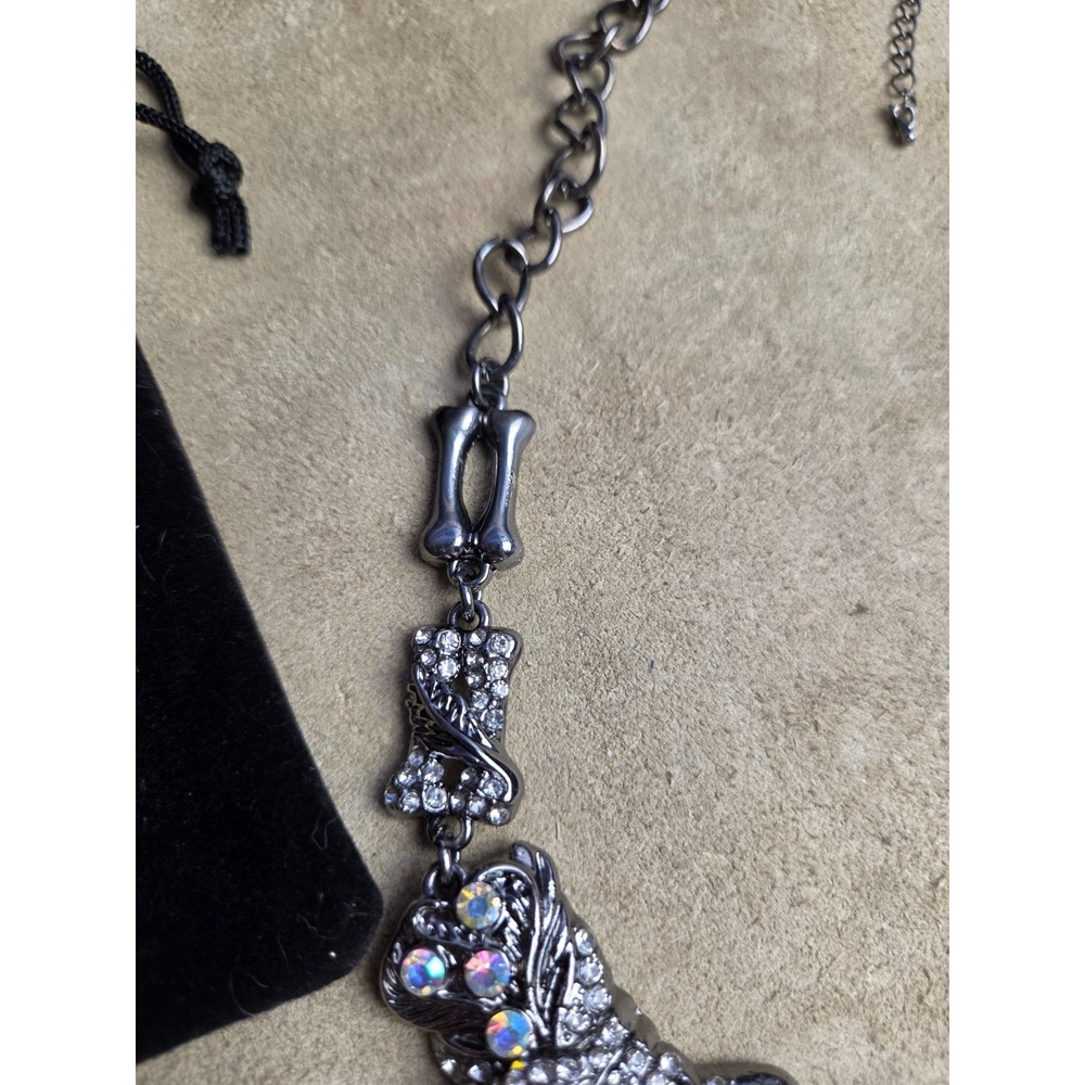 Skeleton Hand Heart Bling Necklace Earrings Dark Silver Tone Punk Goth-GunMetal - Picture 5 of 8